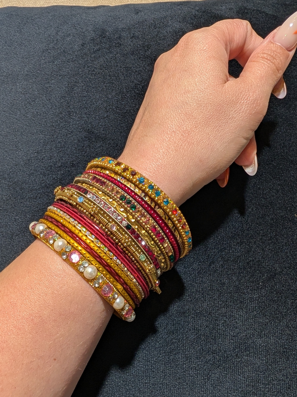 Gold Tone Stackable Bangle Bracelet Set 14 Pcs Multicolor Rhinestone Round